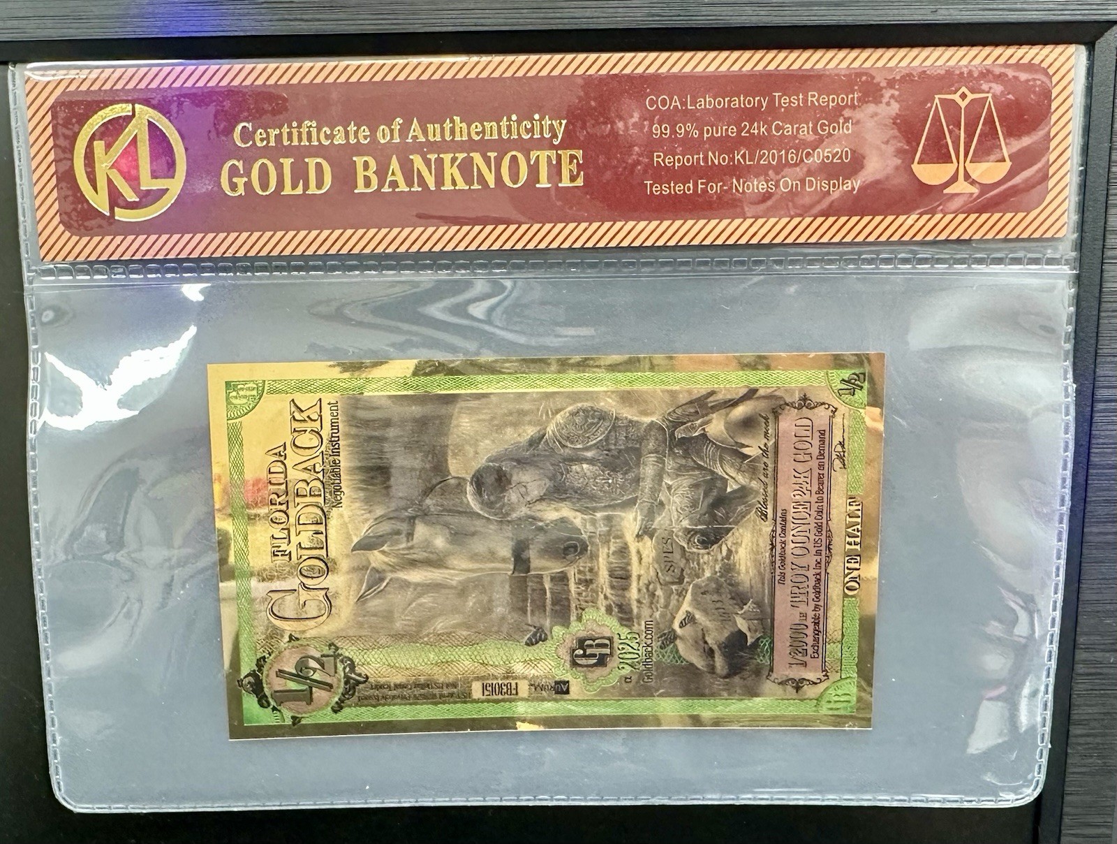 24k Gold not Gram 1/2 Florida GoldBack 1/2000 OZ Gold Bar Currency W/COA