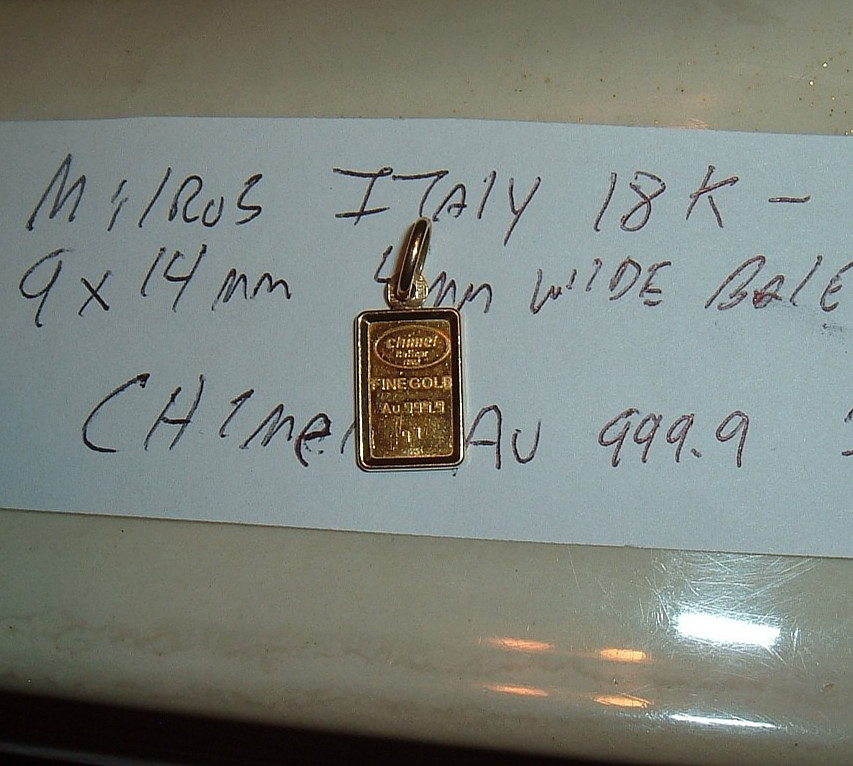 RARE CHIMEL MILROS ITALY 1 GRAM 999.9 FINE GOLD AU BAR 18KT BEZEL PENDANT 1.61g