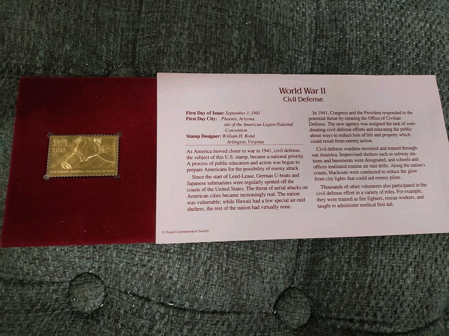 CIVIL DEFENSE GAS MASK WORLD WAR II 22KT GOLD STAMP COMMEMORATIVE STAMP