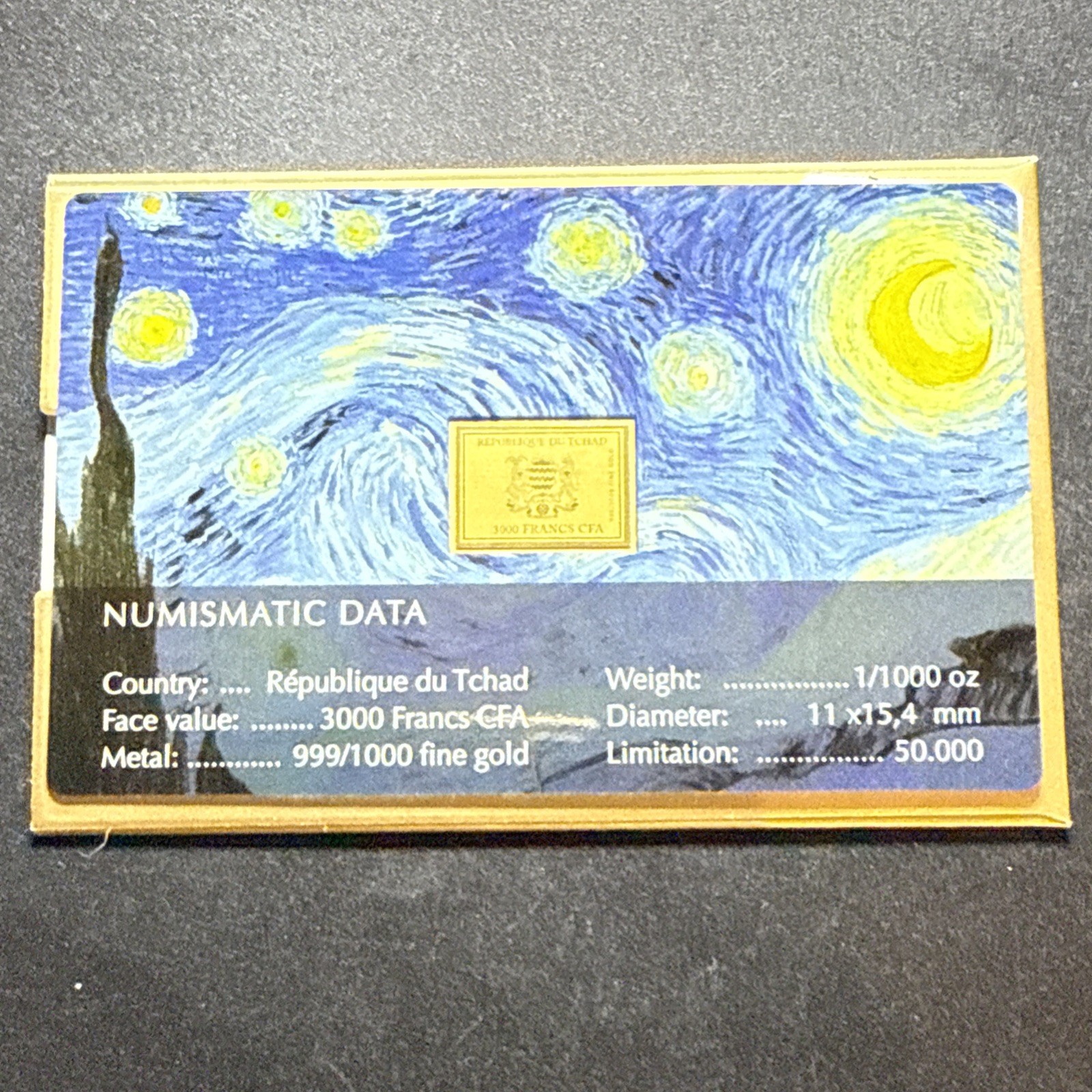 2025 Vincent Van Gogh Starry Night 1/1000Oz .999 Gold Coin card 3000 Francs Chad