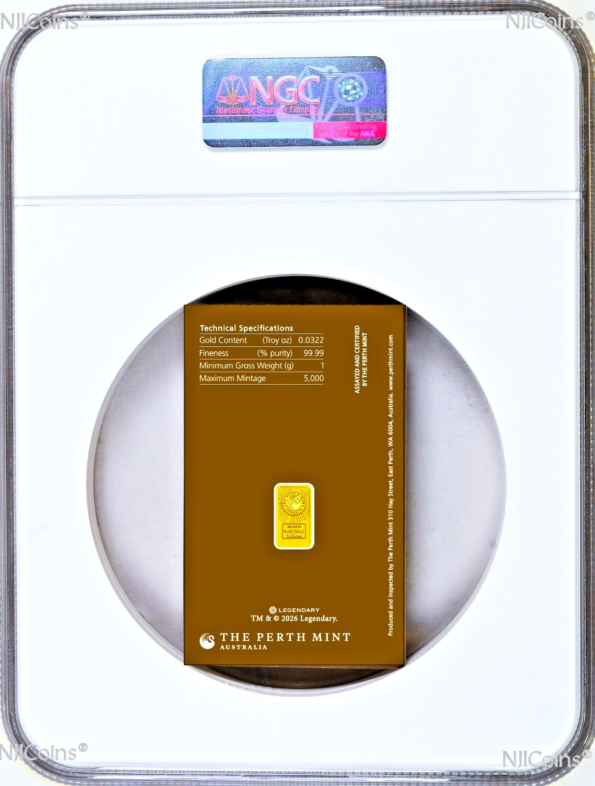 2026 DUNE 1g .9999 Gold Perth Mint Minted Bar with mint card NGC MS 70 FR