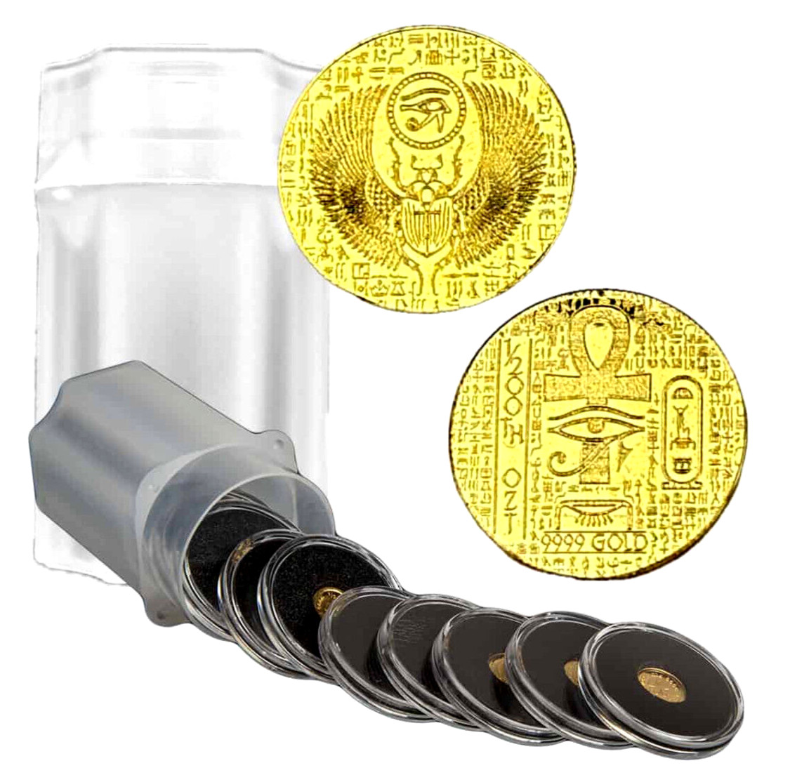 LOT X 10 MONARCH EGYPTIAN SCARAB 1/200 OZ .9999 FINE GOLD ROUNDS IN CAPSULE BU