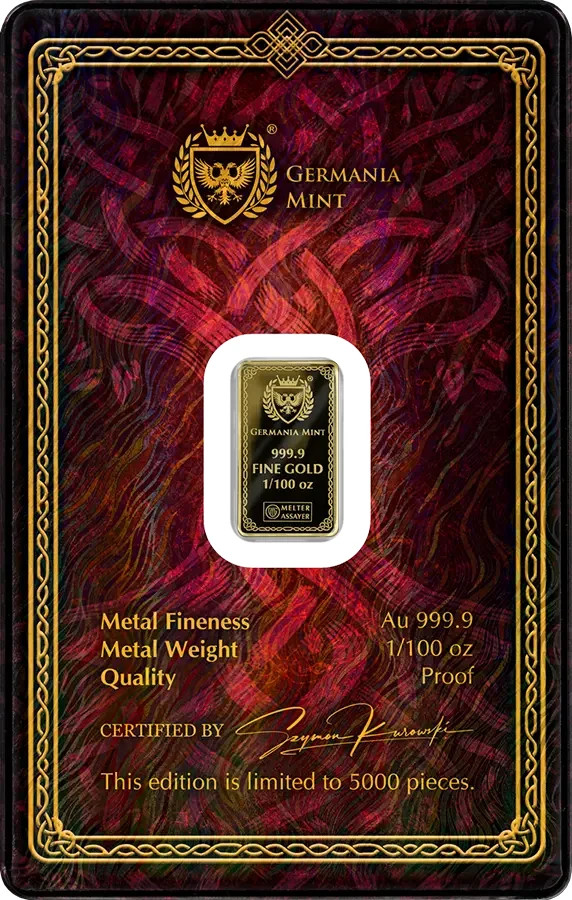 Germania Mint 1/100 oz Gold Bar Frigg in Assay Card