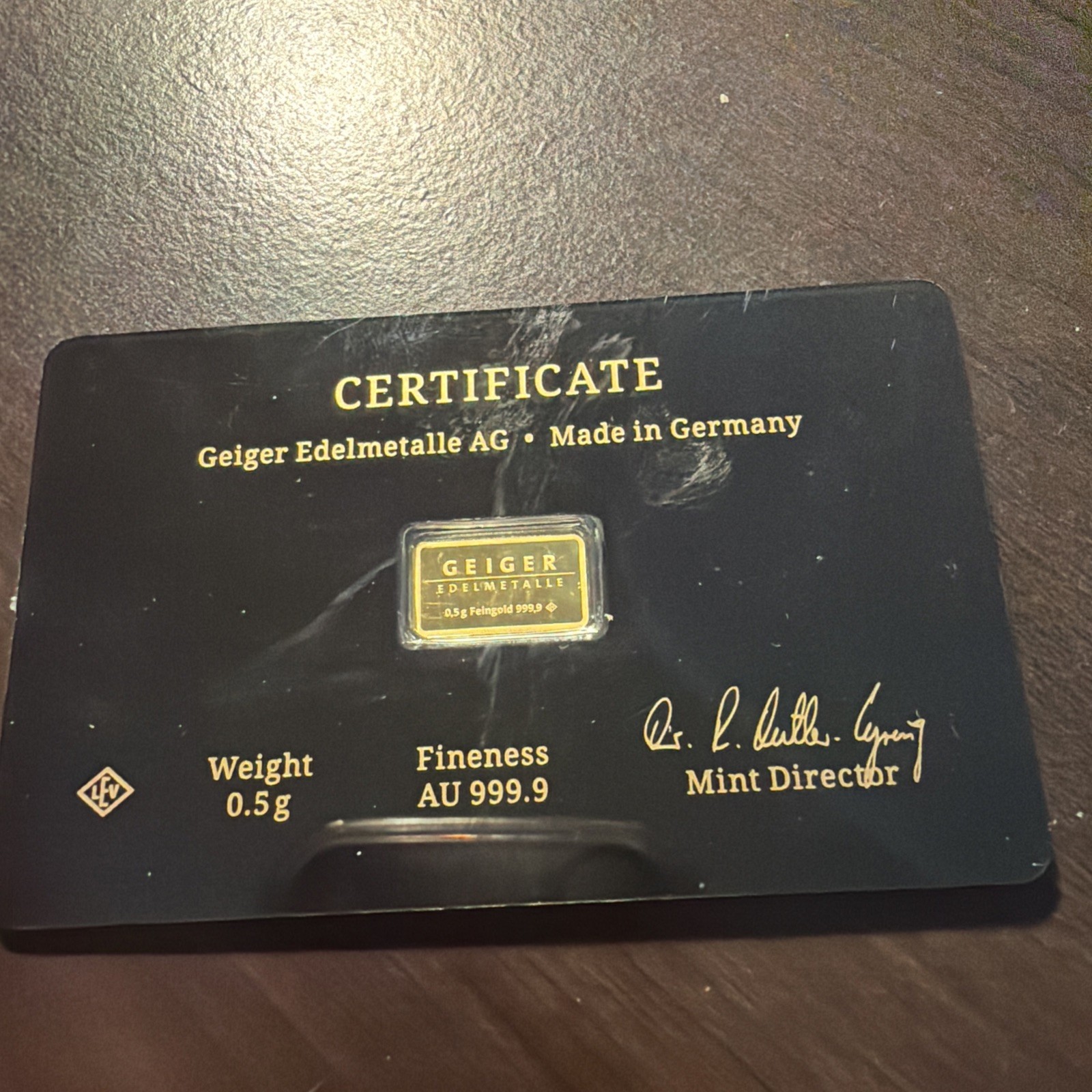 Geiger Schloss Guldengossa Vintage Edition Carded Gold Bar .5 Gram .999 Fine