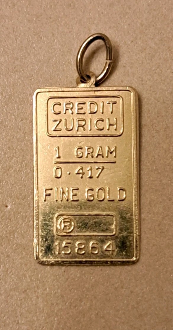 SOLID FINE 10K GOLD .416 BAR 1 GRAM INGOT CREDIT ZURICH PENDANT CHARM #15864