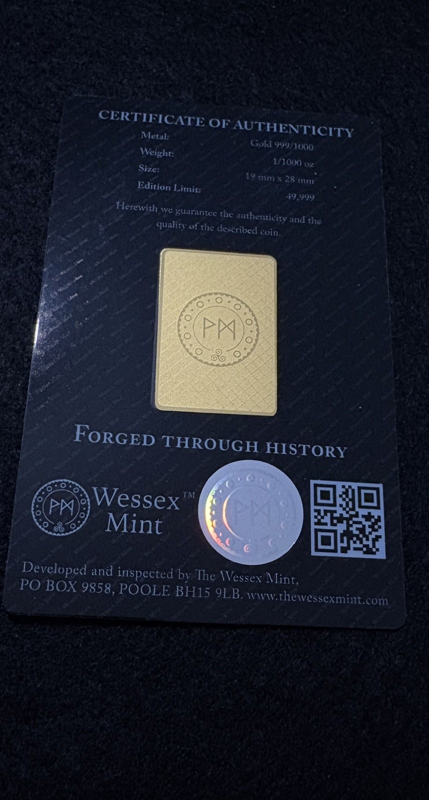 Wessex Mint Liberty 1/1000oz Fine Gold Bullion Bar