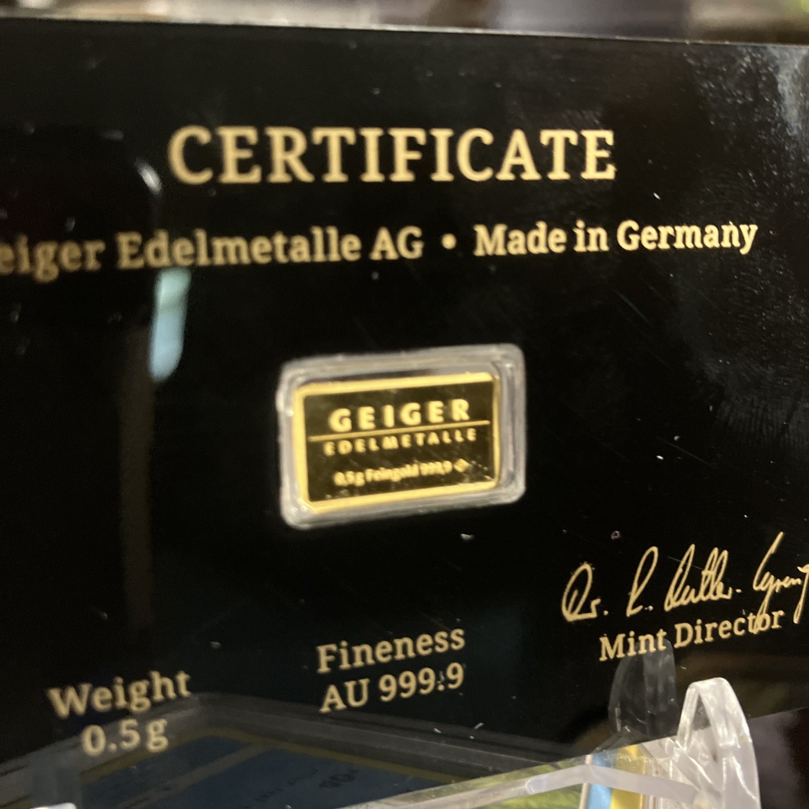 Geiger Edelmetalle .5g .9999 Gold Bar Vintage Edition Black Assay Card COA Rare