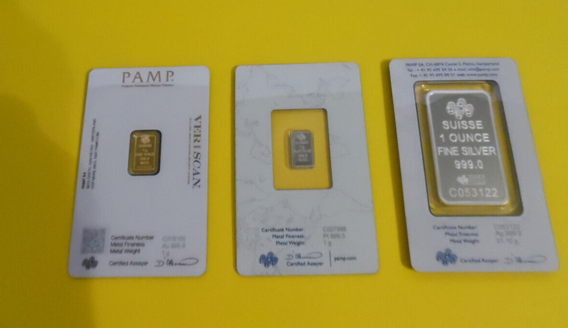 3 Pamp Suisse Lady Fortuna Bullion Bars 1 oz Silver 1 Gram Each Gold & Platinum