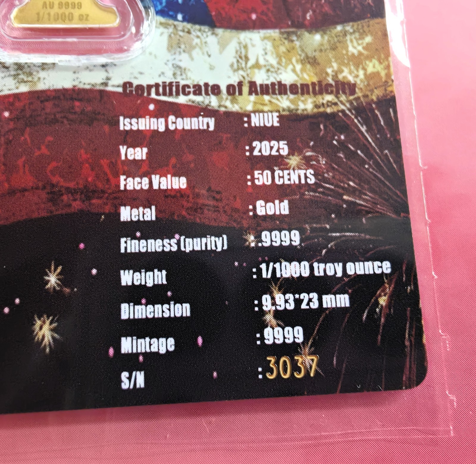 2025 Niue 1/1000 oz .999 Gold Statue of Liberty Coin Card – 4th of July USA