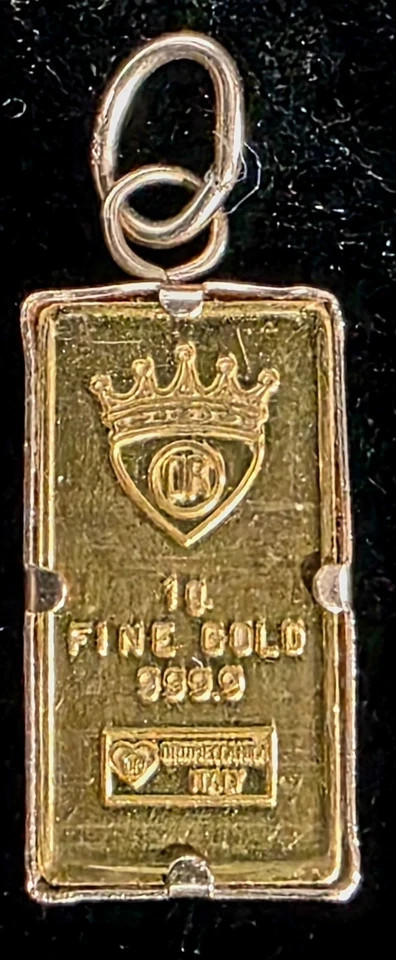 24K ITALY 999.9 FINE GOLD INGOT BAR 14K GOLD BEZEL CHARM PENDANT NECKLACE 1.3g
