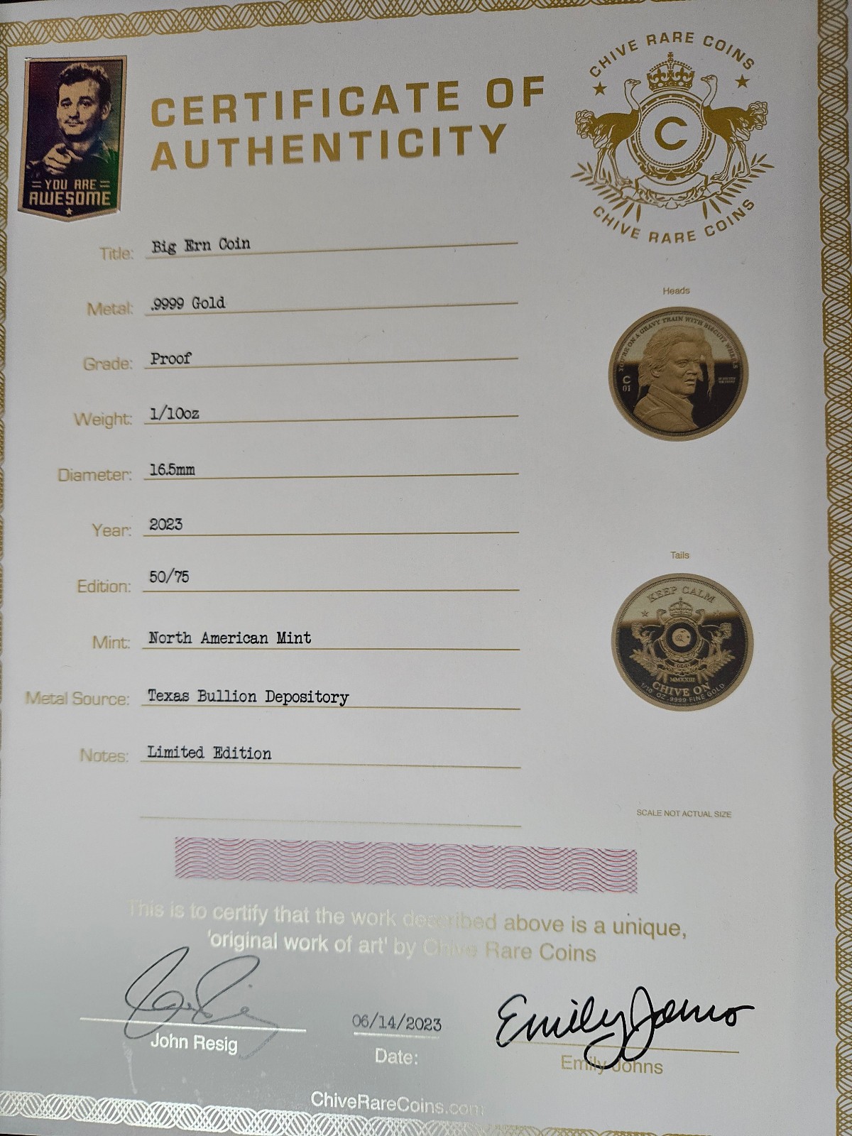 🌟 Chive Rare Coins Bill Murray Kingpin Big Ern 1/10 Oz GOLD Proof Coin #/75 COA