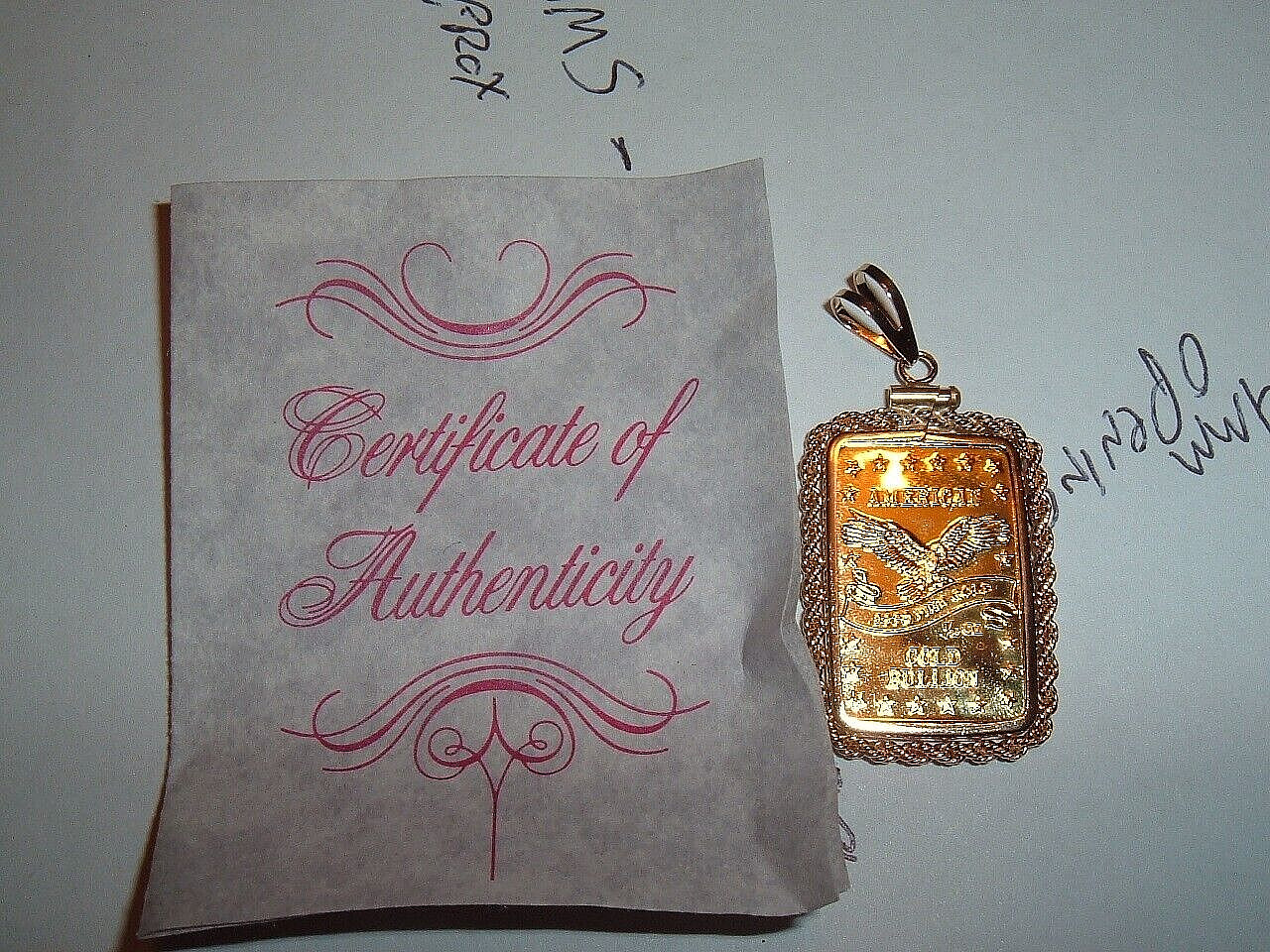 1/10 oz 24K GOLD 999.9 FINE INGOT BAR w / 14K ROPE BEZEL PENDANT CHAIN NECKLACE