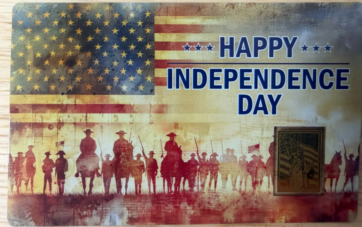 Happy Independence Day 1/1000 oz .999 Fine Gold Bar Card Statue of Liberty