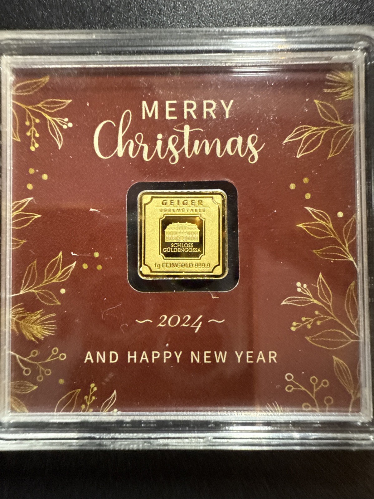 Merry Christmas Geiger In Assay-1 Gram Gold Bar (Only 1,000 Mintage) 999.9 Fine
