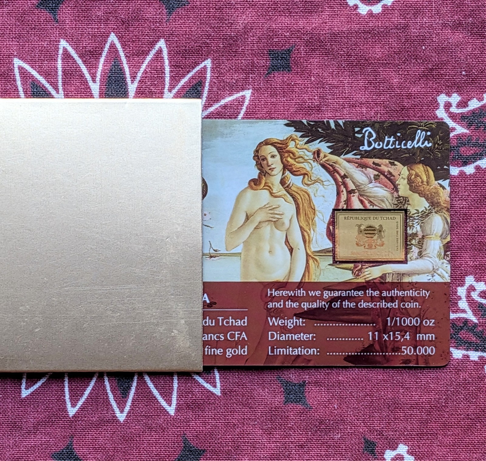 Chad BIRTH OF VENUS Botticelli 1/1000 Oz .999 Gold Coin in card 2023 50k Mintage