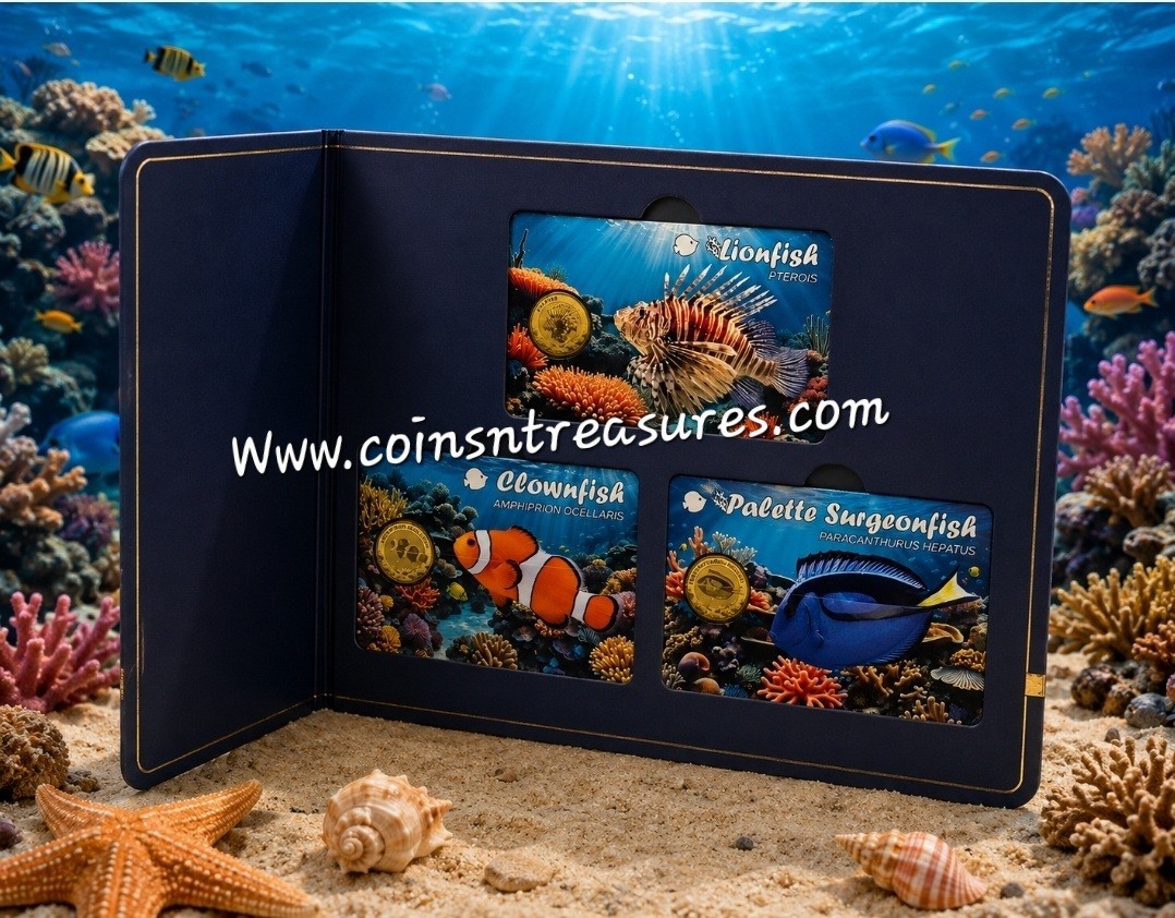 Coral Fish 1/1000 Oz .999 Gold 3 coin cards Album