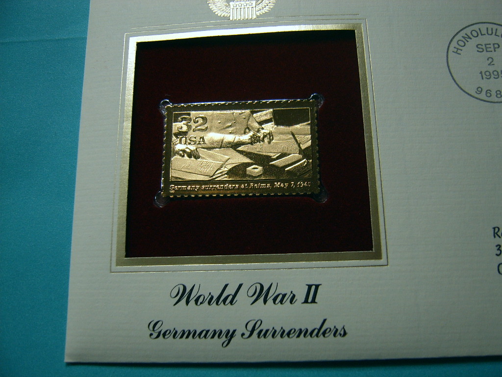 GERMANY SURRENDERS AT REIMS 1945 WORLD WAR II 22KT GOLD STAMP COMMEM NICE #23