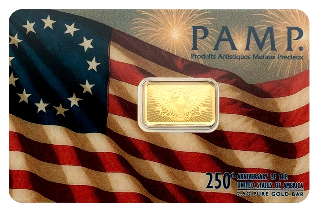 PAMP 2.5g Gold Bar America the Free 250th Anniversary USA Card