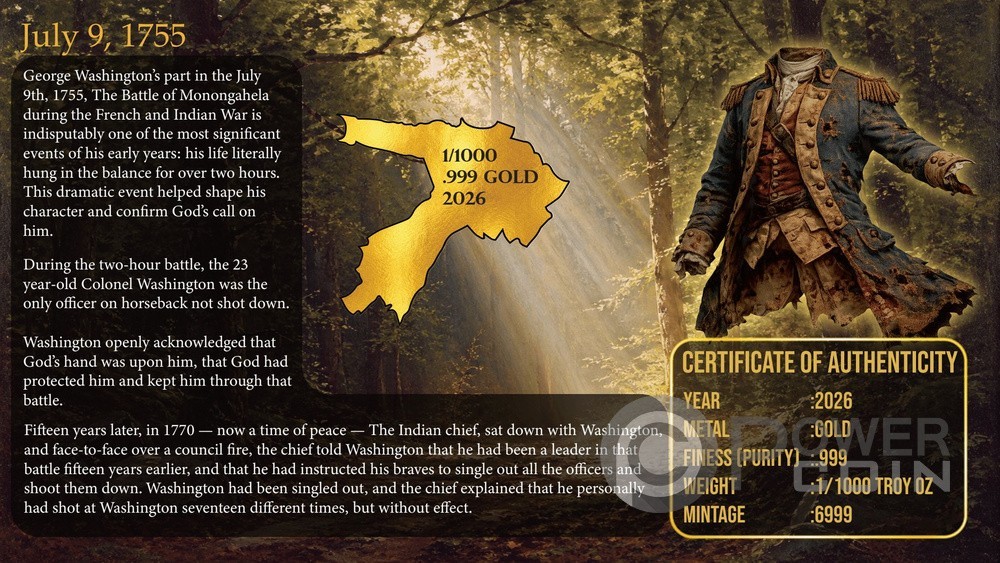 BULLETPROOF GEORGE WASHINGTON 1755 Shaped 1/1000 Oz Gold Medal 2026