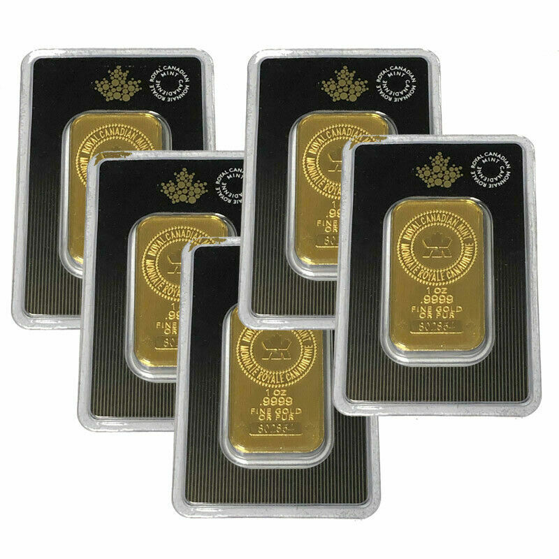 Lot of 5 Gold 1 oz Random Brand .9999 fine Gold Bars in Sealed Assay Cards