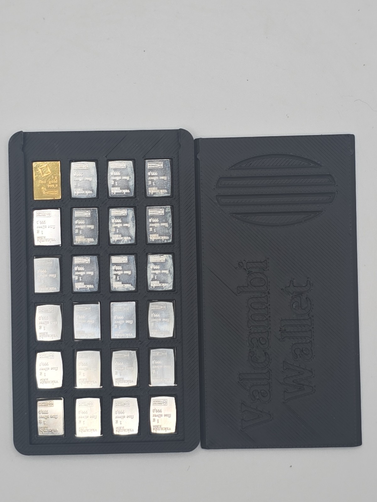 Valcambi Gold 1 Gram & 23x 1 g Silver Filled Black wallet 0.9999 Fine 24g Total