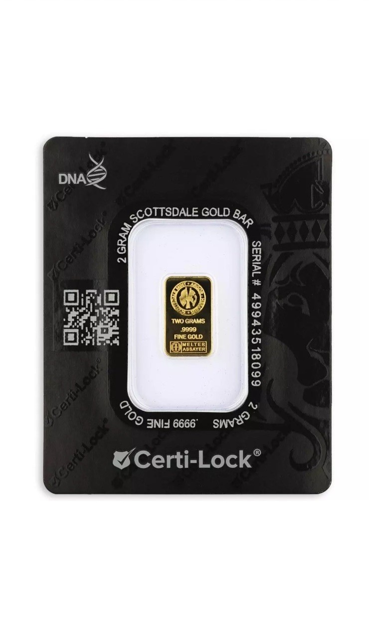 2 gram Scottsdale Mint .9999 Gold Bar – Sealed in Certi-Lock COA
