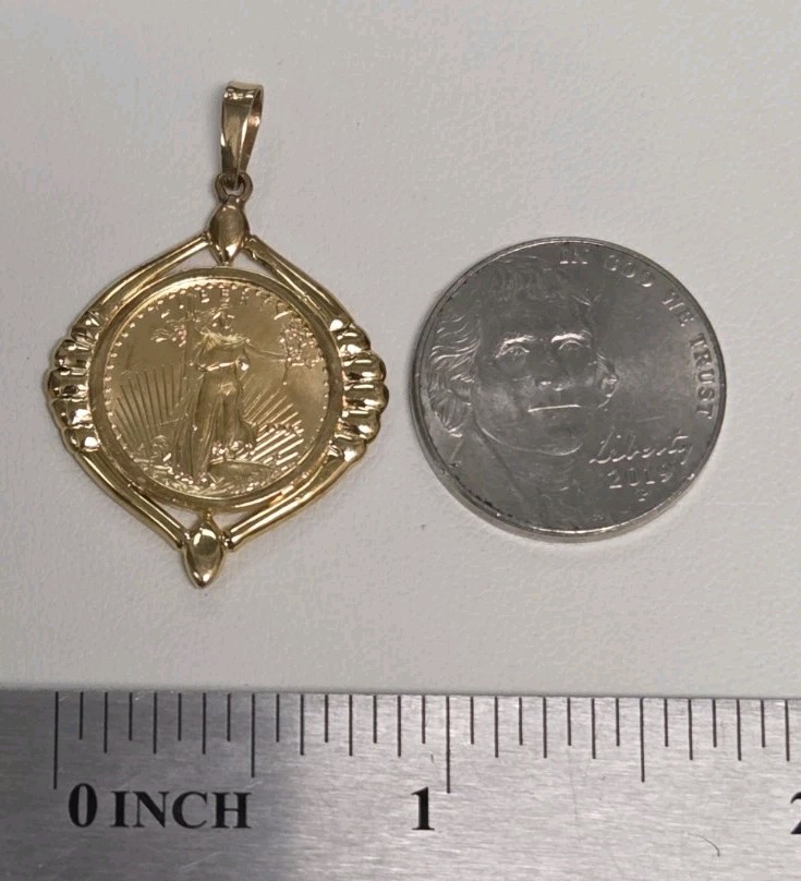 $5 US Eagle Coin 1/10 Oz Pure Gold In Fancy 14k Yellow Gold Frame 4.9 Grams