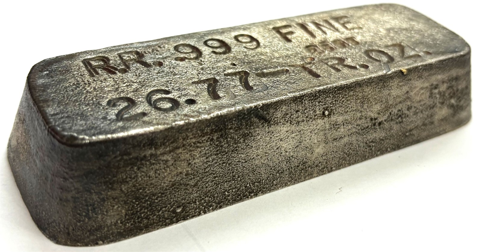 c. 1970’S INDUSTRIAL R.R. ROYAL REFINERY SILVER 26.77 OZ .999 FINE POURED BAR