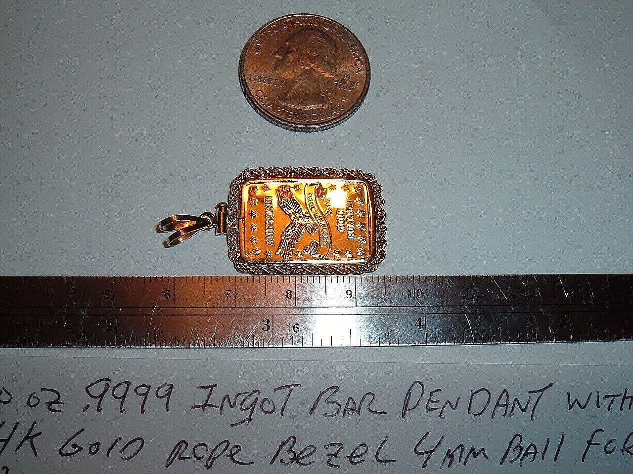 1/10 oz 24K GOLD 999.9 FINE INGOT BAR w / 14K ROPE BEZEL PENDANT CHAIN NECKLACE
