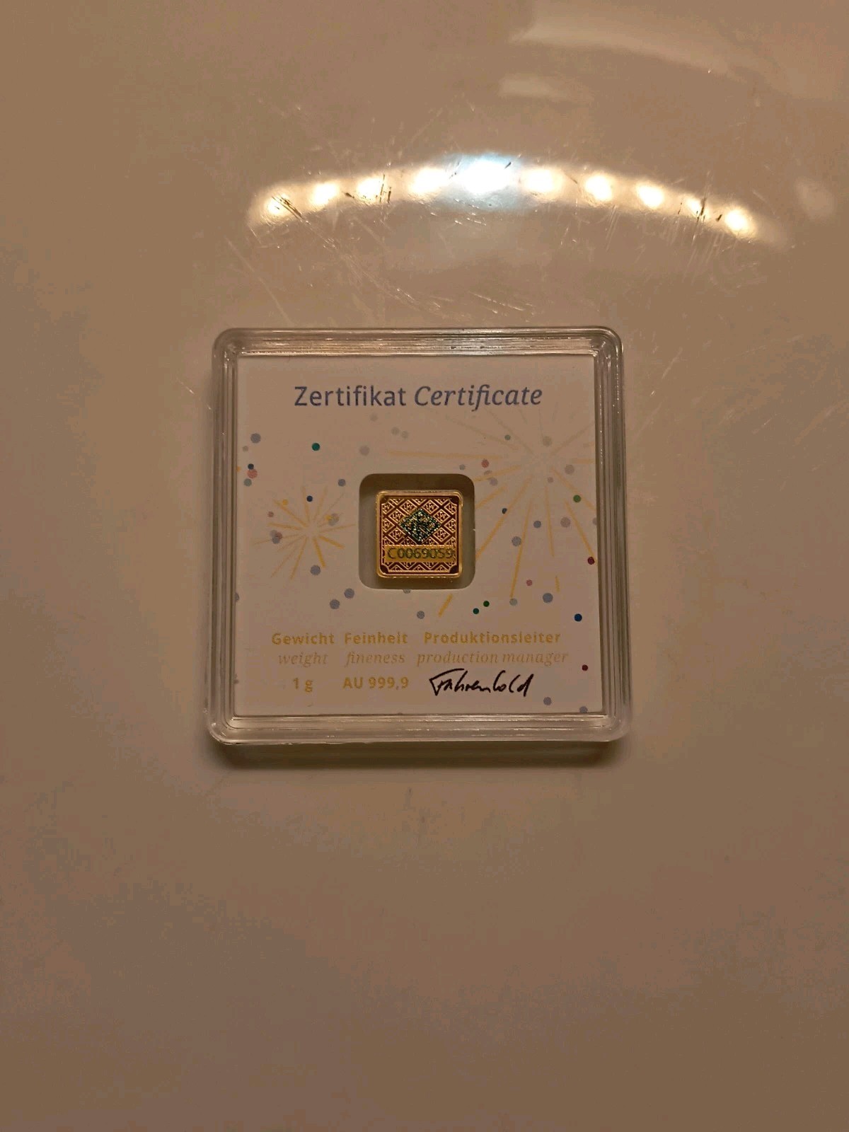 Geiger Original Certificate 1 Gram .999 Fine Gold Bar In Assay, Sealed