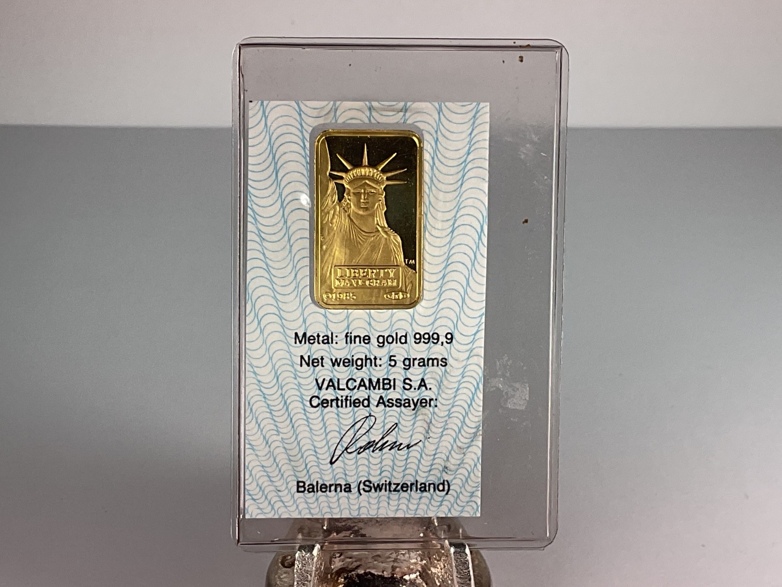 1985 Credit Suisse 5g 0.9999 Fine Gold Bar in Assay Card – 5g Total Gold Content