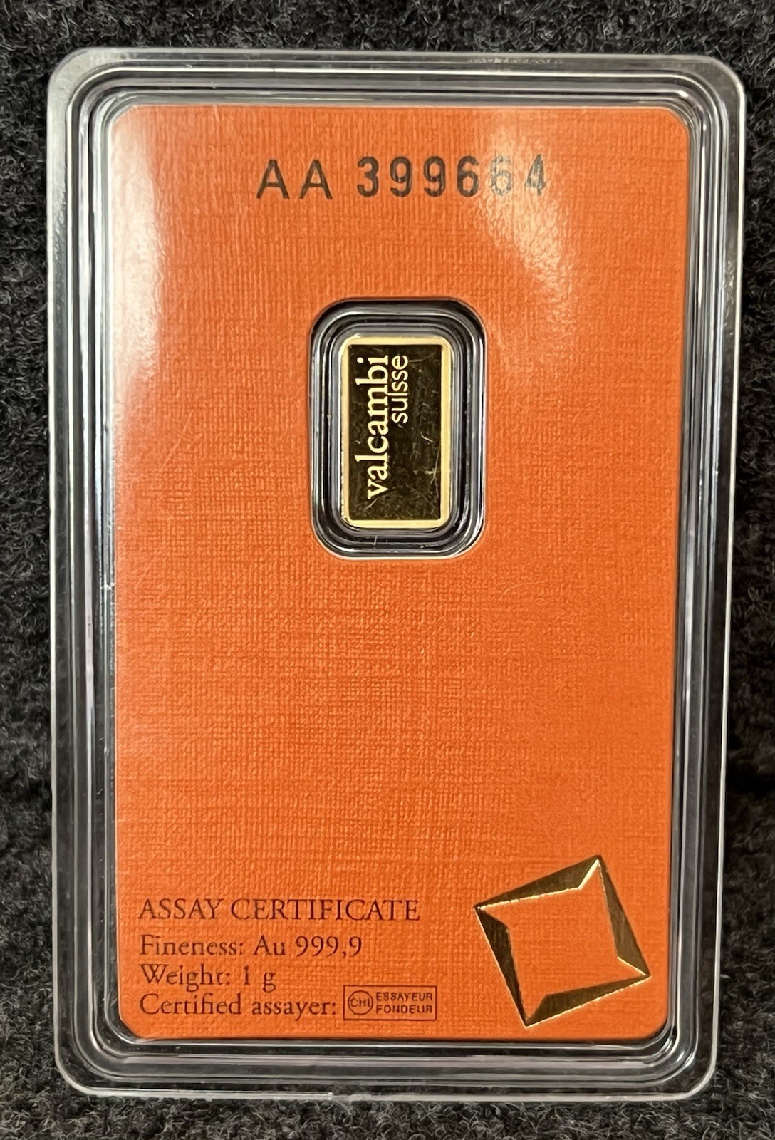 Valcambi Suisse 1gr Gold Bar In Assay .9999 Fine Gold