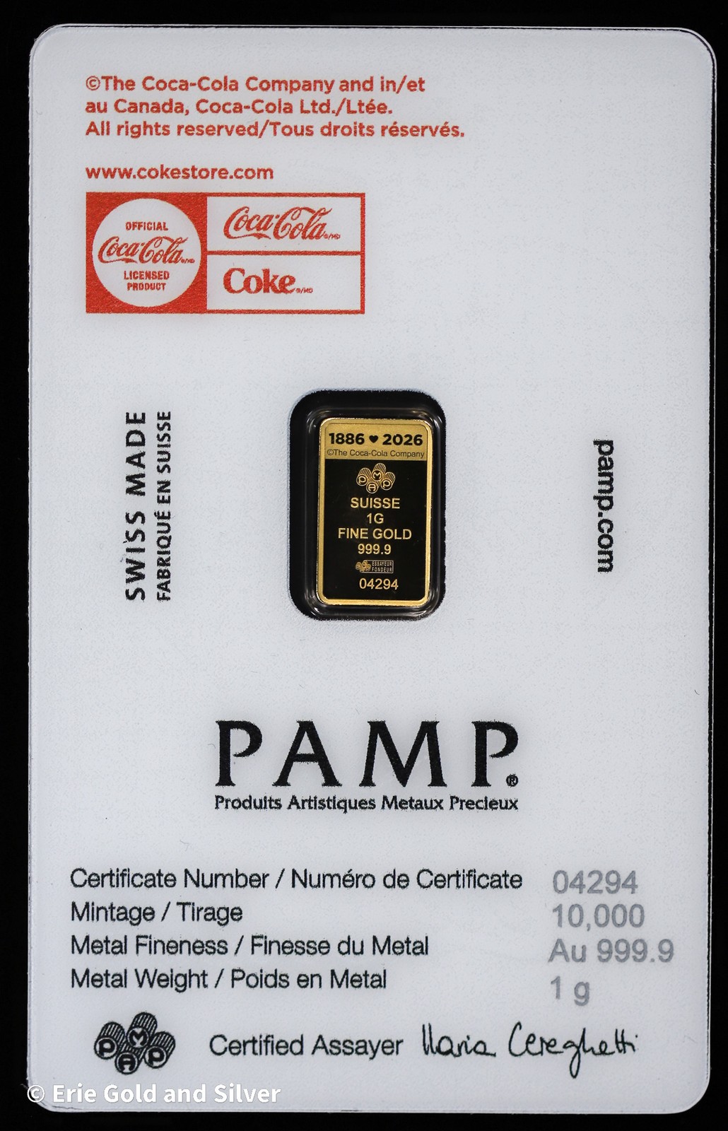 Coca-Cola 1 Gram .9999 Gold Valentine’s Love Bar in Assay Card