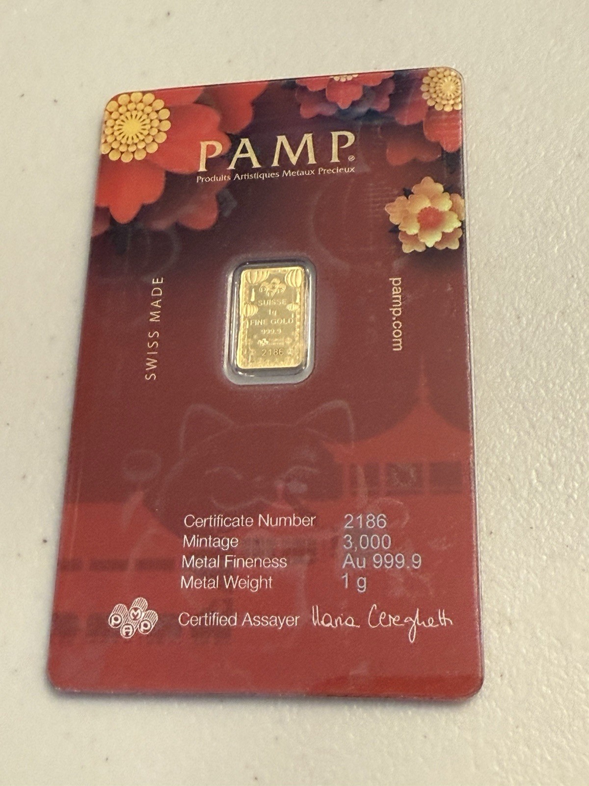 Super LOW Mintage of 3,000 Worldwide Pamp 1 Gram Gold Lucky Cat