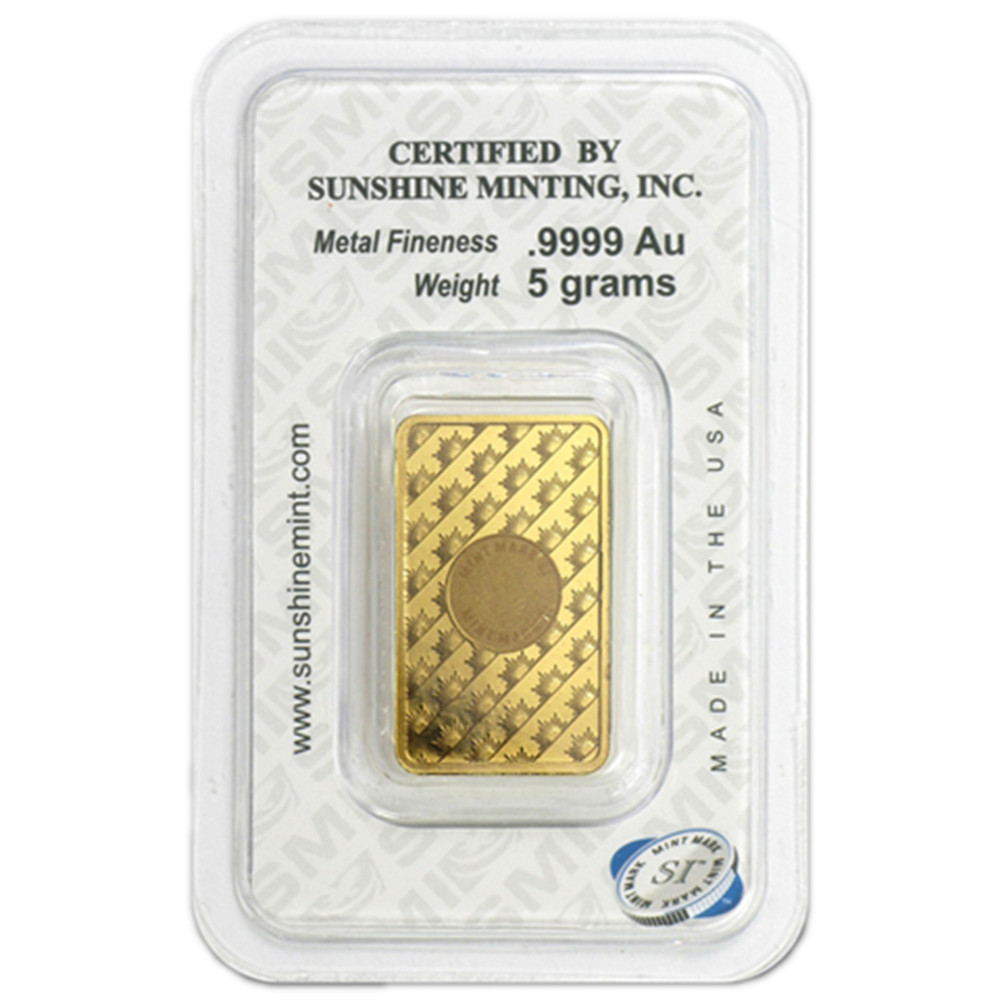 5 Gram Sunshine Mint .9999 Fine Gold Bar In Assay Mint Mark SI