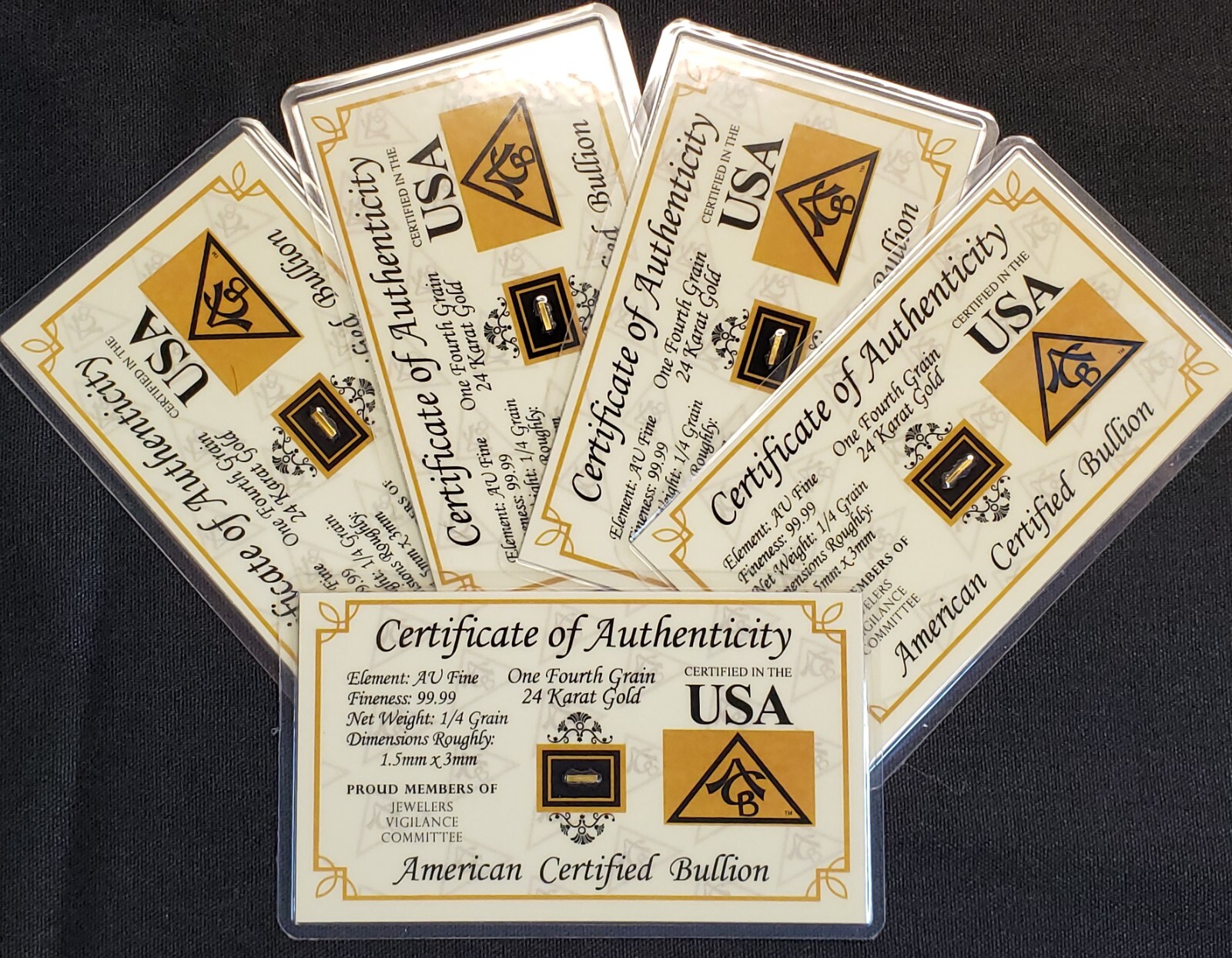 GOLD x5 ACB 1/4GRAIN 24K SOLID BULLION MINTED BAR 9999 FINE CERT/AUTHENTICITY`