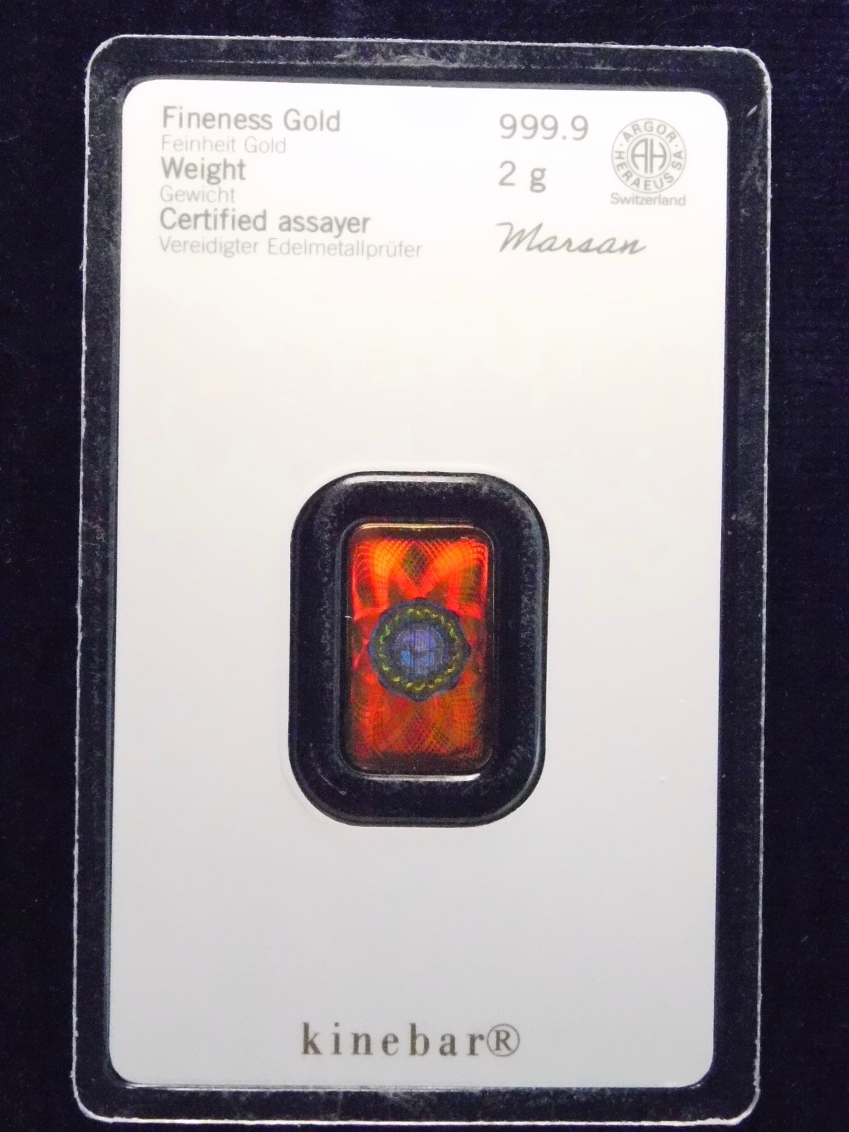 Gold Bar 2 Grams 999.9 Kinebar Heraeus in Blister Card with Certificate New Product
