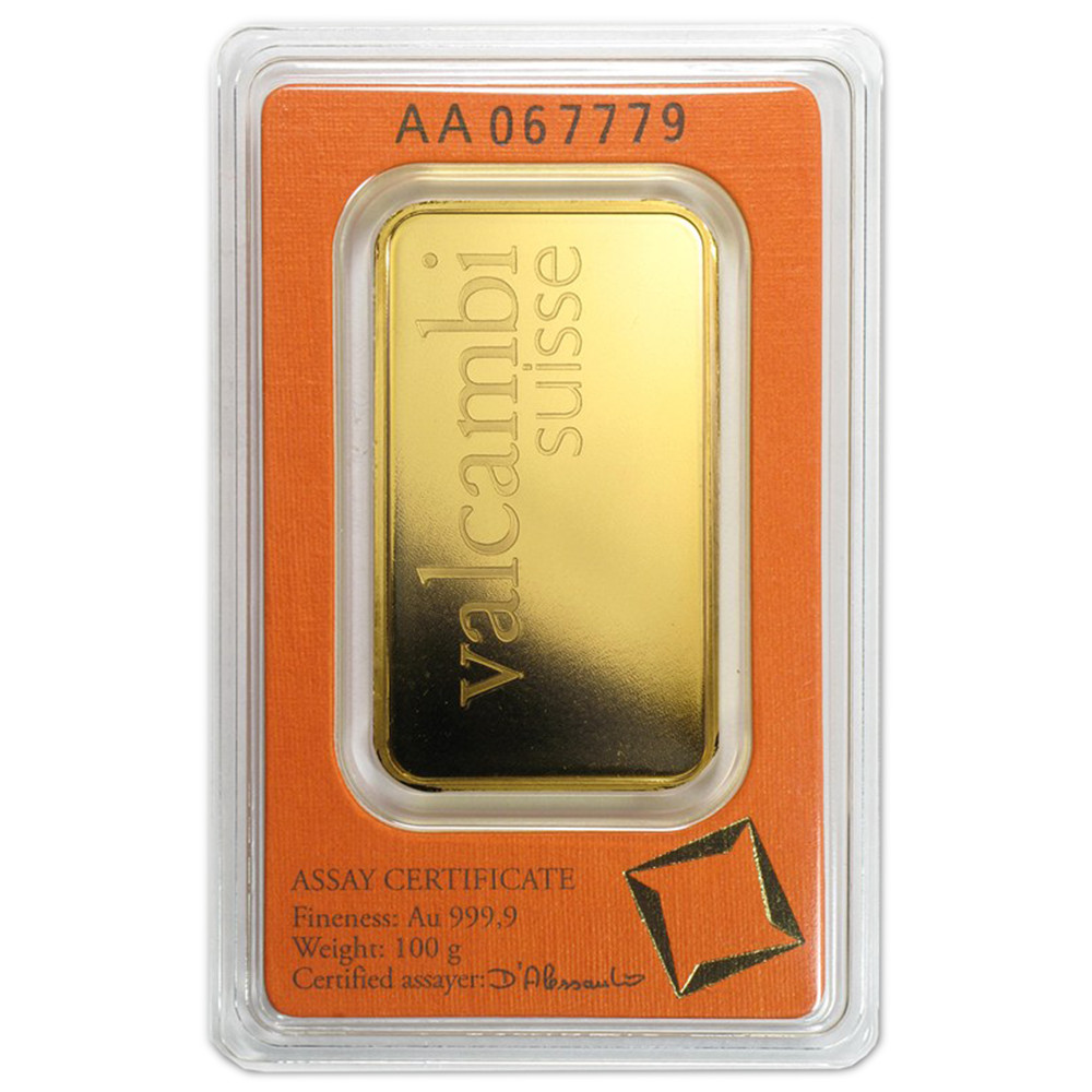 100 Gram Valcambi Suisse .9999 Fine Gold Bar in Assay