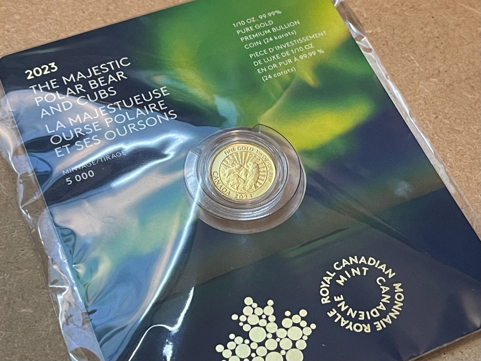 2023 Majestic Polar Bear and Cubs 1/10 oz 99.99 24K Gold $5 coin – 5000 Minted