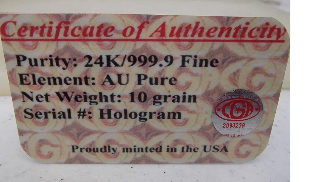10 GRAlN ( NOT GRAM ) 24K PURE 9999 GOLD BULLION 2012 COLLECTOR EDITION BAR