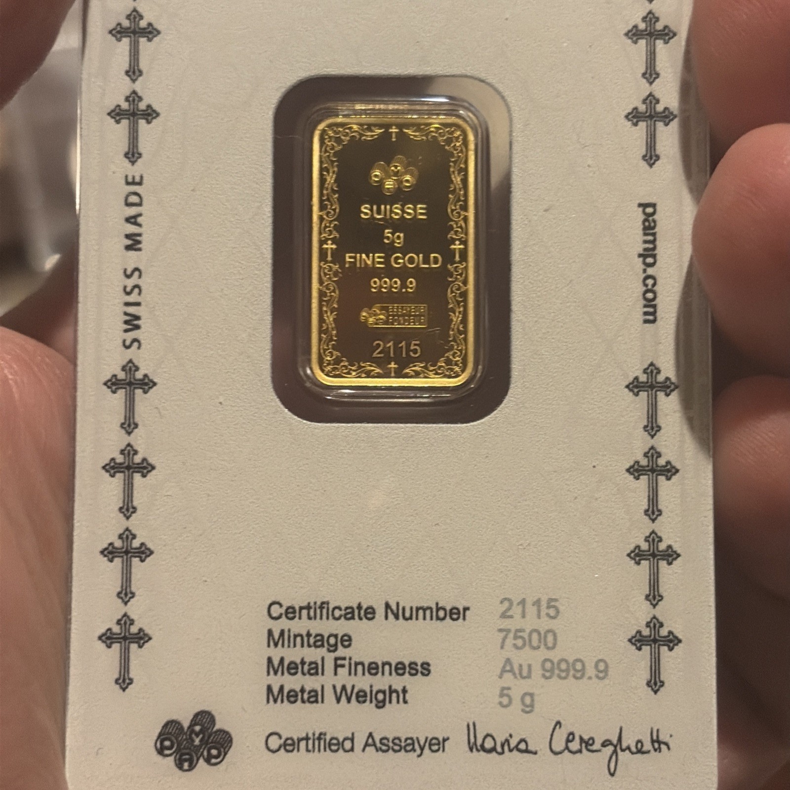 2025 5 g Gram .9999 Gold Bar PAMP Suisse Cross of Christianity in Assay #2115