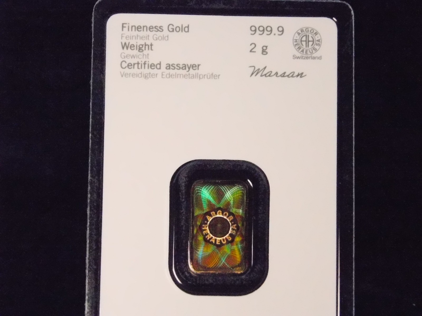 Gold Bar 2 Grams 999.9 Kinebar Heraeus in Blister Card with Certificate New Product