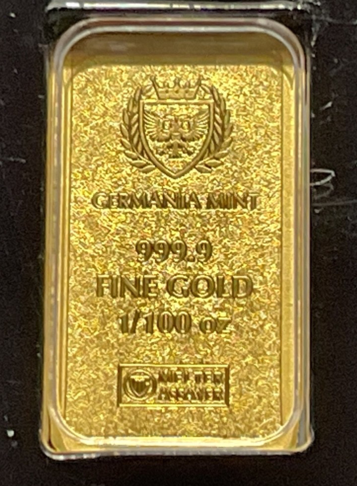 Germania Mint 1/100 oz Gold Bar in Plastic Capsule