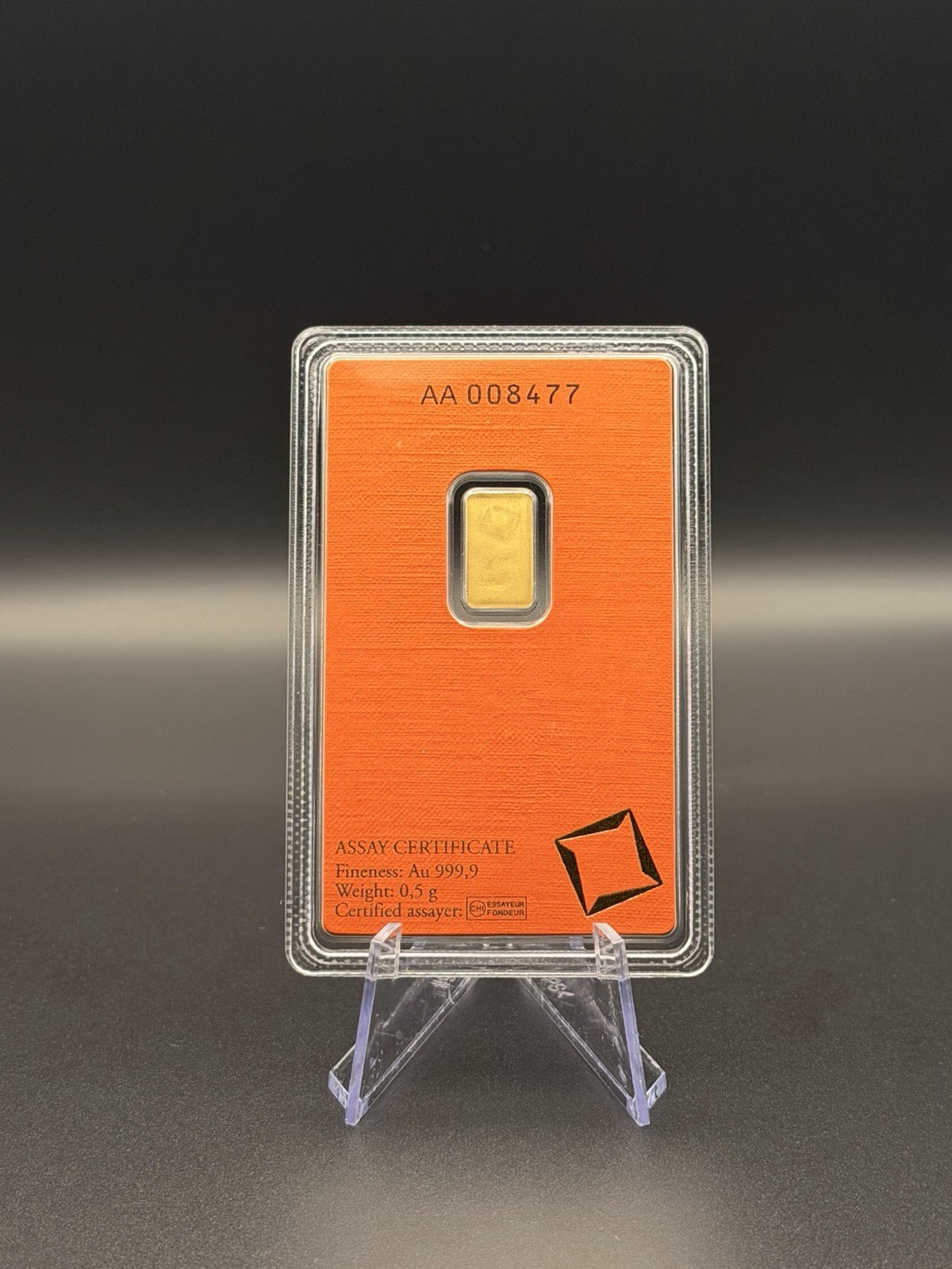 Valcambi Suisse 0.5 g Gold Bar .9999 Fine Assay Certificate in Card