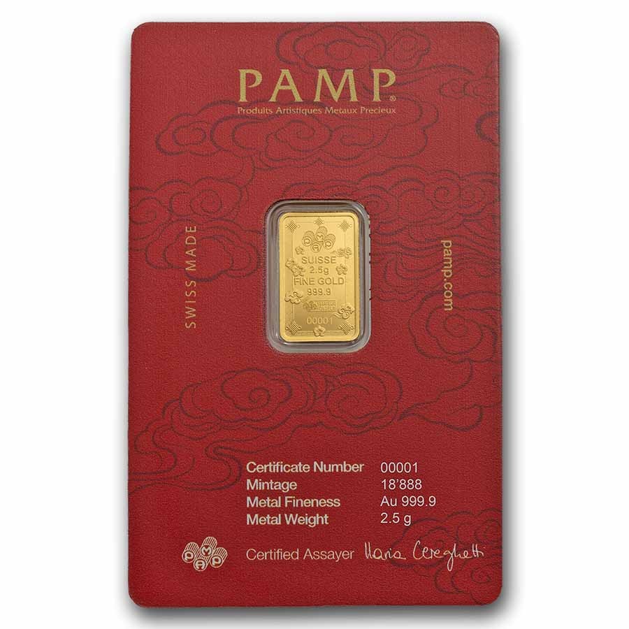 2.5 gram Gold Bar – PAMP Suisse Lucky Cat (In Assay w/ Sleeve)