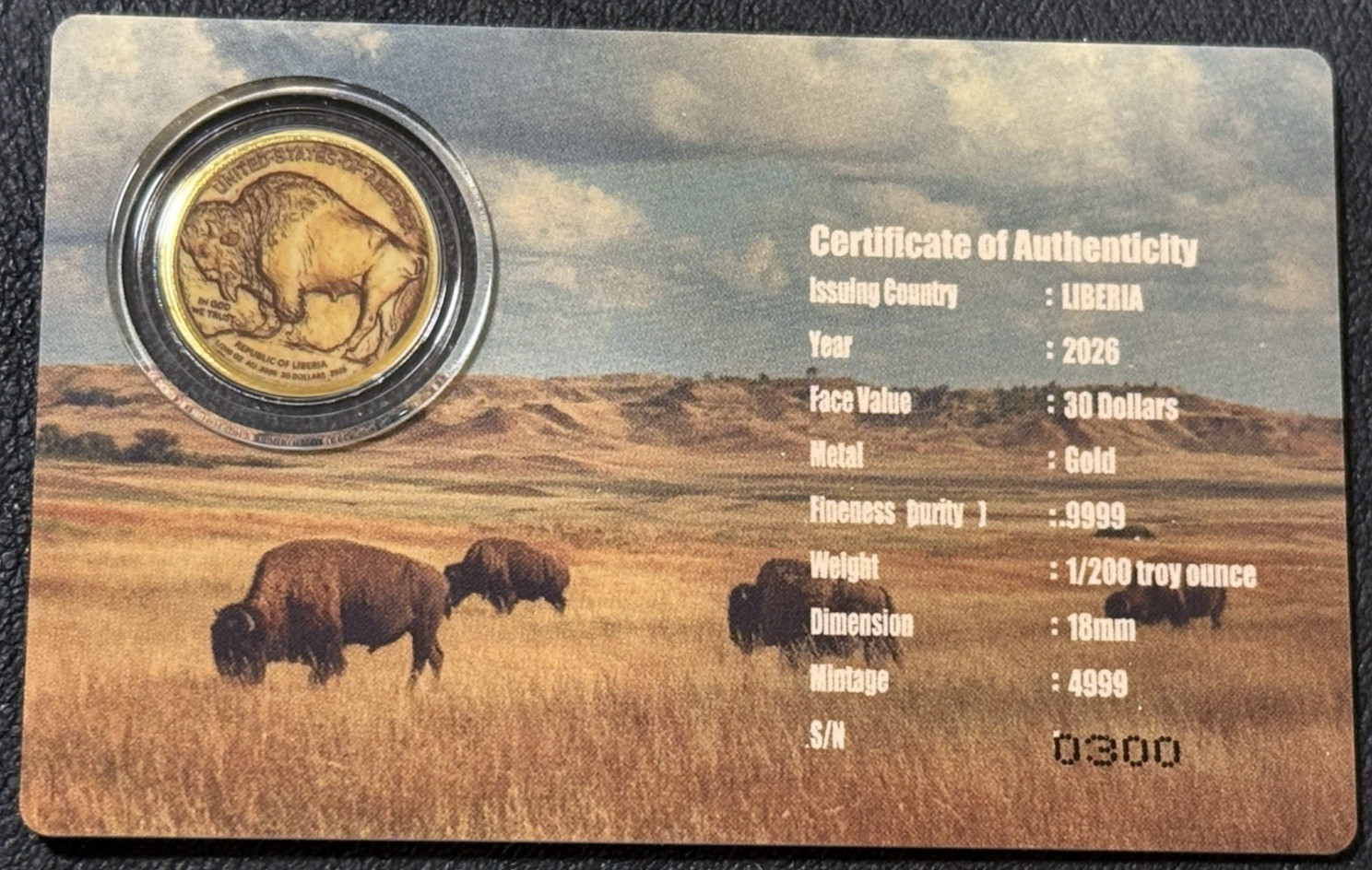 1/200 Oz .9999 Gold Liberia $30 American Buffalo Indian Coin in COA Card Capsule