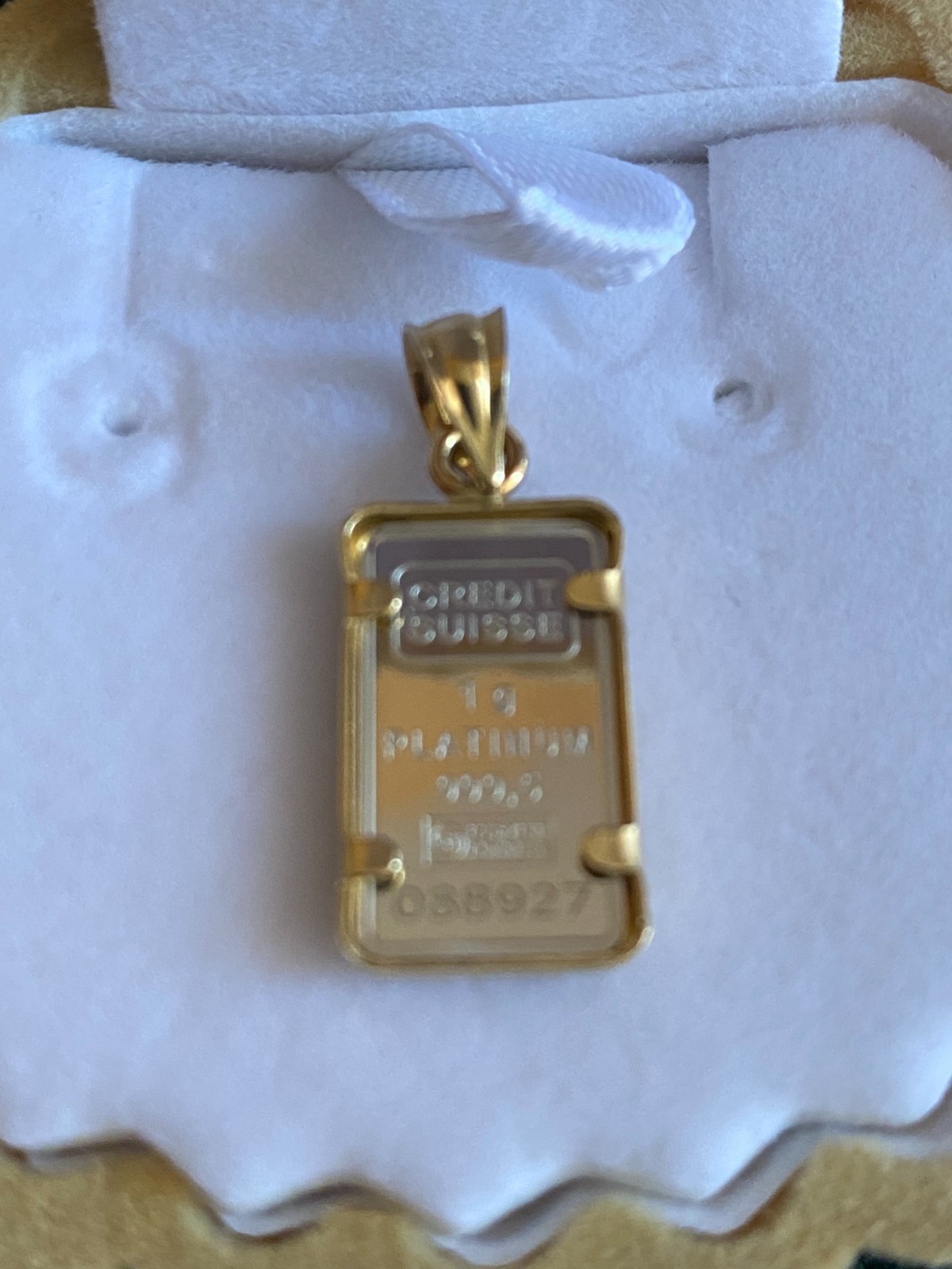 1 Gram Platinum bar Valcambi Suisse #088927 assay In 14 Kt Gold Bezel With Cert.