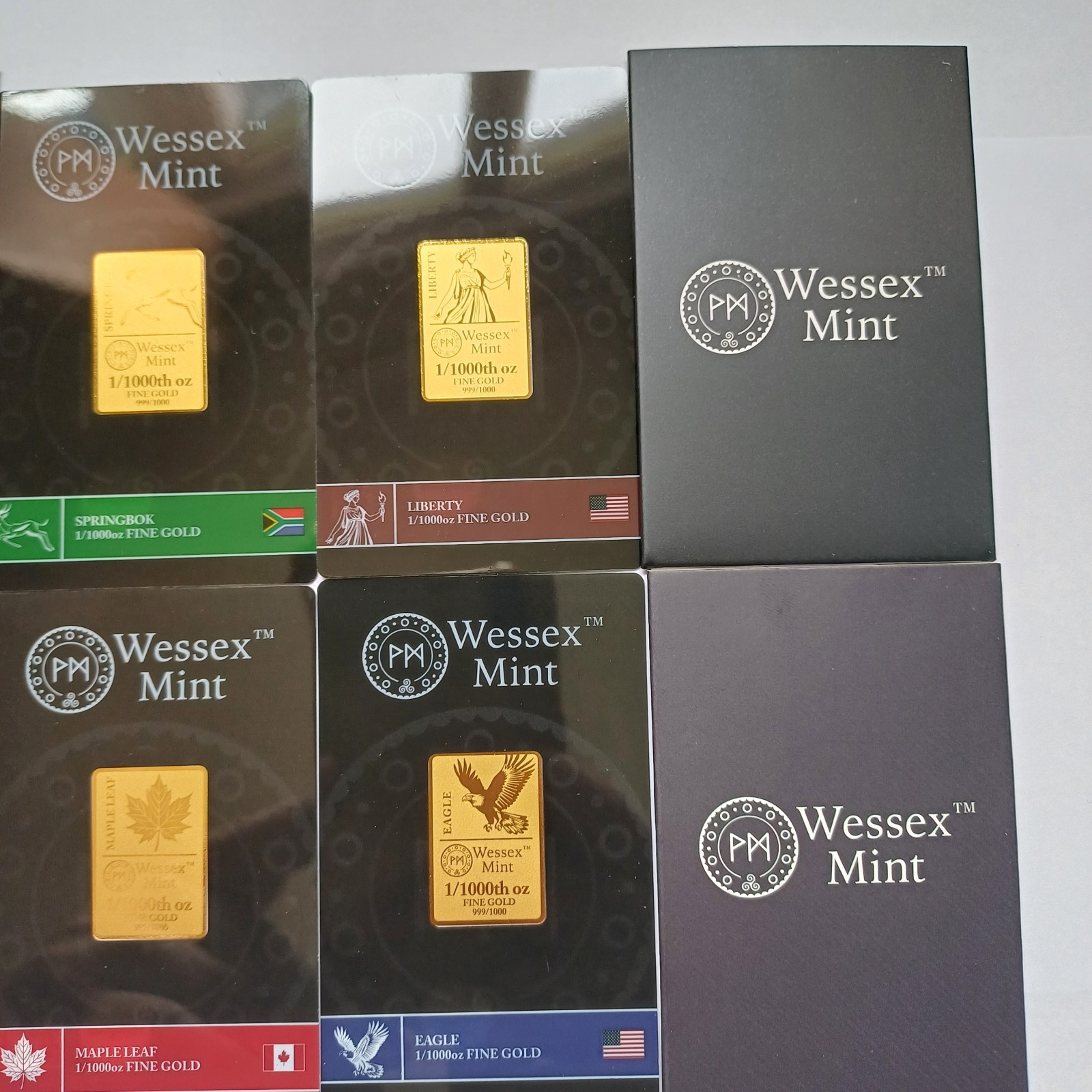 Wessex Mint 1/1000th oz 0.0311g Eagle, Liberty, Springbok & Maple Leaf Gold Bars
