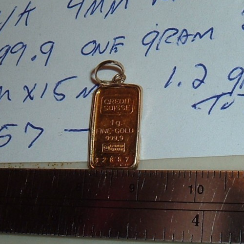 24K GOLD Credit Suisse 999.9 FINE INGOT 1G BAR 14K PENDANT BEZEL FOR CHAIN 1.2g