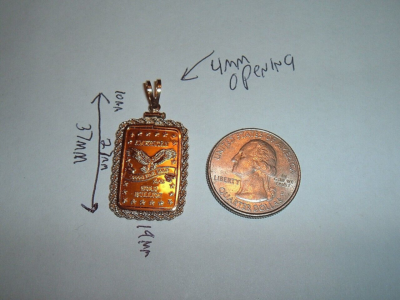 1/10 oz 24K GOLD 999.9 FINE INGOT BAR w / 14K ROPE BEZEL PENDANT CHAIN NECKLACE